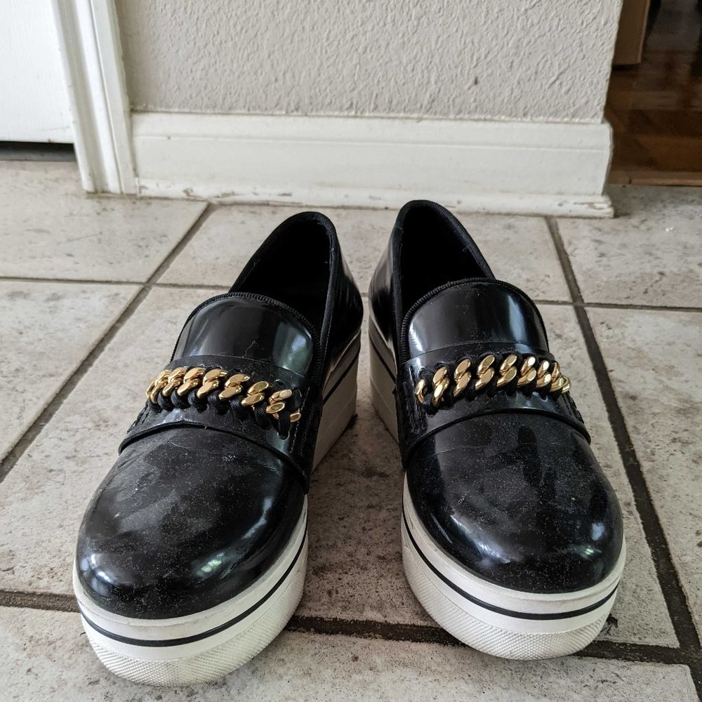 Stella McCartney Black Faux Leather Chain Link Slip On Sneakers